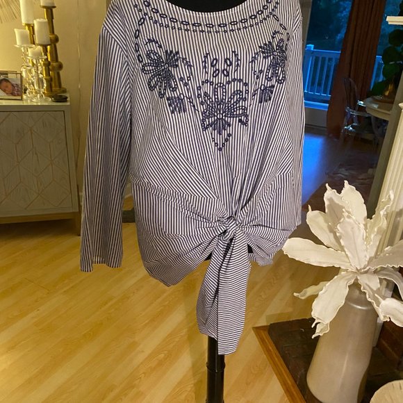 grand & greene Tops - Grand & Greene Blue/White Stripe Long Sleeves Embroidered Front Tie Top Sz 1X